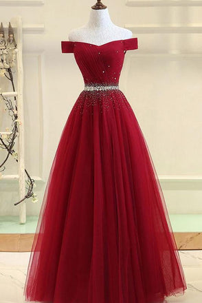Burgundy A Line Off the Shoulder Beads Long Prom Dress INI52
