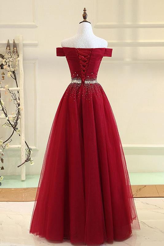 Burgundy A Line Off the Shoulder Beads Long Prom Dress INI52