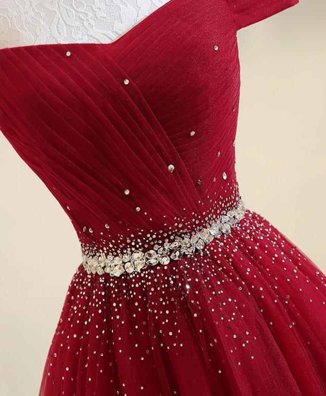 Burgundy A Line Off the Shoulder Beads Long Prom Dress INI52