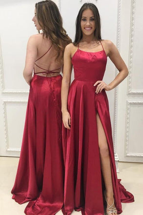 Burgundy Spaghetti Strap Prom Dress with Slit, Sexy Long Party Dresses INJ86