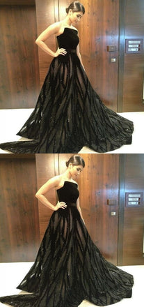 Unique A Line Black Strapless Long Prom Dresses With Beading INF50