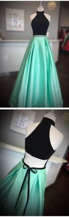 High Neck Two Piece Black And Mint Green Beads Long Prom Dress INF31