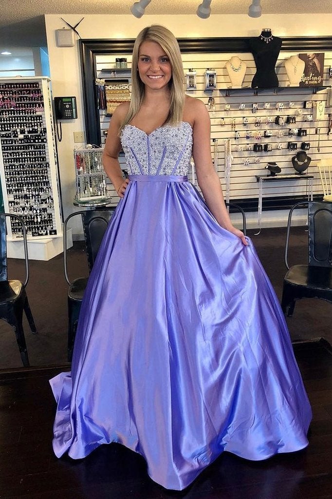 Elegant Taffeta Sweetheart Strapless Lavender A-line Prom Dresses With Beading INF72