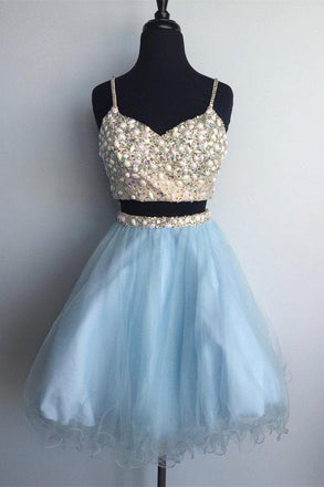 Two Piece A-line Spaghetti Strap Mini Tulle Short Homecoming Dresses IND82