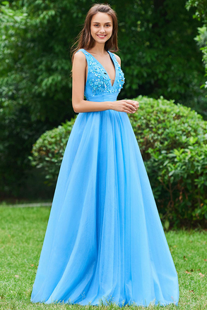 Blue V Neck A Line Sleeveless Appliques Backless Floor Length Prom Dresses INE28