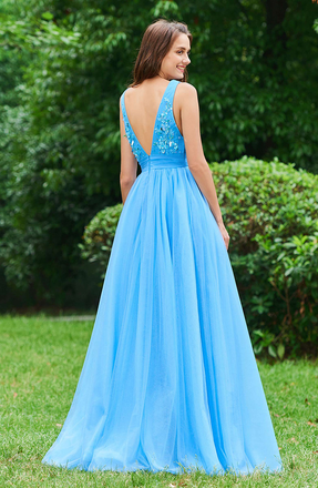 Blue V Neck A Line Sleeveless Appliques Backless Floor Length Prom Dresses INE28
