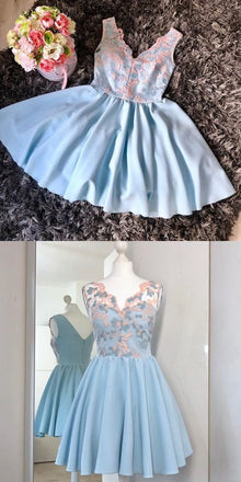Cute V-Neck A Line Light Blue Short Homecoming Dress with Appliques IND44
