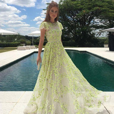 A-Line Lace Cap Sleeves Daffodil Tulle Long Prom Dress with Appliques INE46