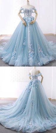 Light Blue Sweetheart Tulle Appliques Ball Gown Prom Dresses INE89