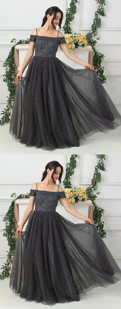 Grey Tulle A Line Beads Long Prom Dress,Evening Dresses INE88