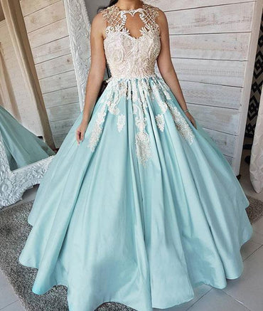 Unique Satin Appliques Long Sleeveless Ball Gown Prom Dress INF11