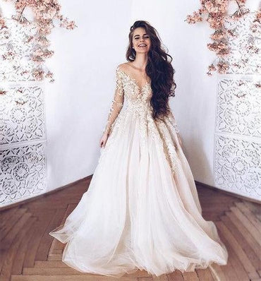 A-Line Long Sleeves Tulle Prom Dress with Appliques, Wedding Dresses INF18