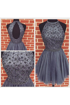 New Arrival Open Back Gray Tulle Short Prom Dresses Homecoming Dress INJ92