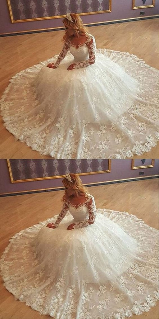 Stunning Tulle Bateau Long Sleeves Ball Gown Wedding Dress With Lace Appliques INF24