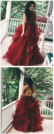 Cheap Burgundy A Line Beading Long Prom Dresses With Ruffles INF52