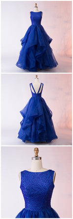 Fashion A-Line Bateau Long Royal Blue Organza Prom Dress with Beading INF64