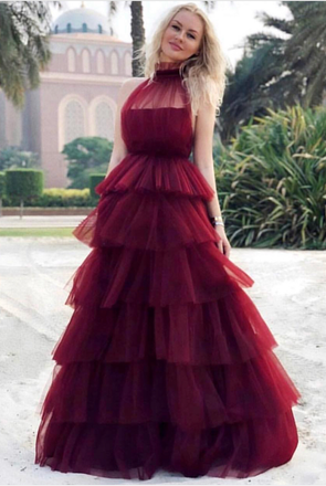 Burgundy Tulle Tiered High Neck Long Elegant Prom Dresses ING15