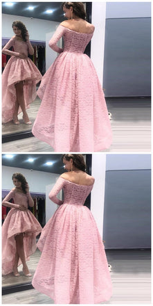 Fashion A-Line Off the Shoulder High Low Long Sleeves Pink Lace Prom Dress INF54