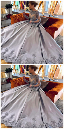 Elegant A-Line Bateau Long Sleeves Grey Satin Prom Dress with Appliques INF55