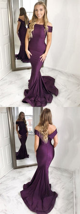 New Arrival Mermaid Off-the-Shoulder Sweep Train Grape Prom Dress with Ruched INF56