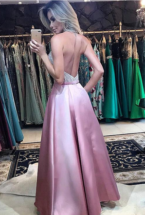 Stunning Beading Pink Halter Backless Prom Dresses With Pockets ING1