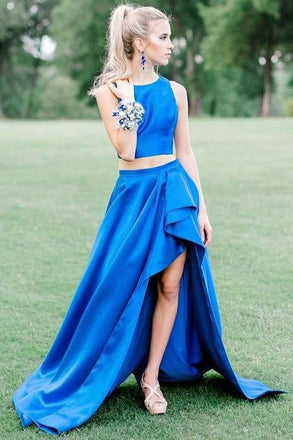 Two Pieces Royal Blue High Low Simple Prom Dresses INH94