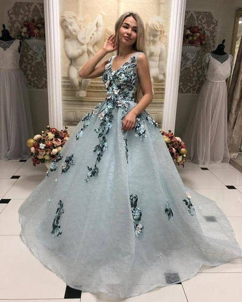 A Line V Neck Long Prom Gown With Appliques, Formal Evening Dress INL31