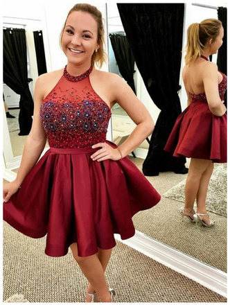 Burgundy Halter Sleeveless Backless A Line Homecoming Dresses INL81