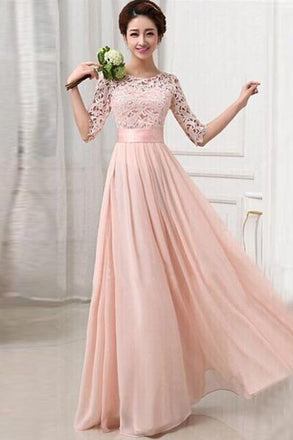 Half Sleeves Pink Lace Chiffon Bridesmaid Dresses,Simple Prom Dresses INO82