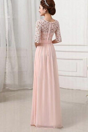 Half Sleeves Pink Lace Chiffon Bridesmaid Dresses,Simple Prom Dresses INO82