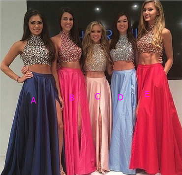 High Neck Two Piece Pink Taffeta Long  Beading Sexy Prom Dresses,2 Pieces Split Evening Dress IN158