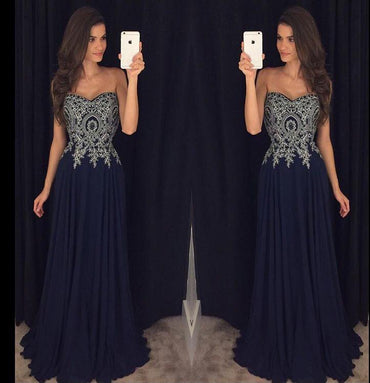 Sweetheart Navy Blue Appliques Chiffon Long Prom Gown IN866