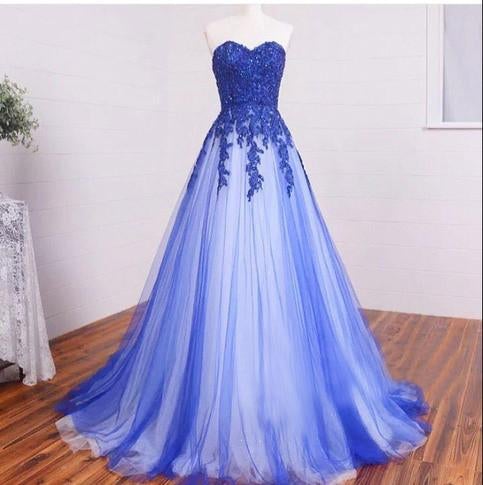 Long Sweetheart Lace Beading Elegant Modest Royal Blue Prom Dresses,Ball Gown Prom Dress IN246