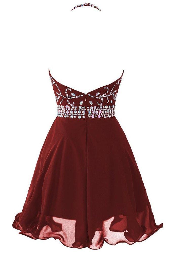 Chiffon Burgundy A Line Halter Homecoming Dresses With Beading,Short Prom Dress IN331