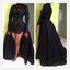 Vintage Long Sleeve Sexy Black A-Line Lace Satin Prom Dresses INE16