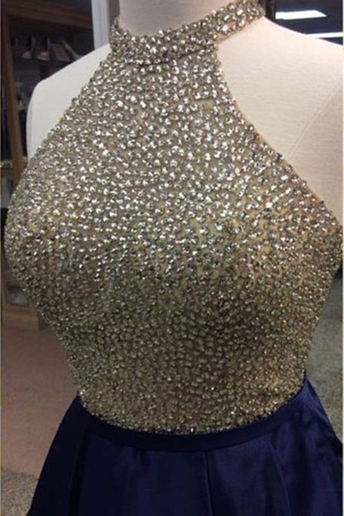 Dark Blue Satin Beading Sequins Halter A-line Short Homecoming/Prom Dresses,Club Dresses IN319