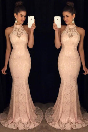 New Arrival Pink Lace High Neck Mermaid Prom Dresses IN129