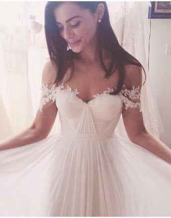 Simple White Long A Line Wedding Dress, Chiffon Off the Shoulder Wedding Dresses IN160