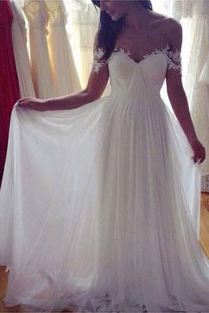 Simple White Long A Line Wedding Dress, Chiffon Off the Shoulder Wedding Dresses IN160