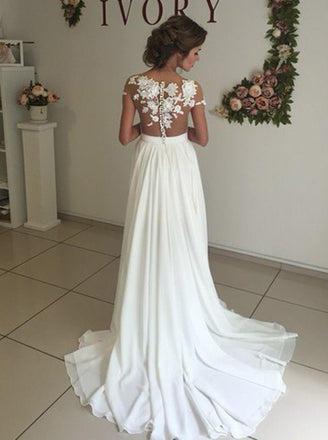 Elegant White Chiffon Wedding Dresses with Appliques, Sweep Train A Line Wedding Dress