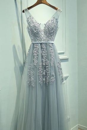 Gray Tulle Long V-neck Evening Dresses, A Line Applique Prom Dress INP166