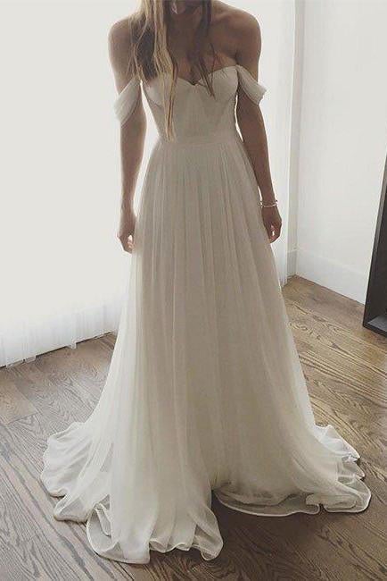 Ivory Chiffon Long Off The Shoulder Wedding Dresses, Simple Long Prom Dress IN169