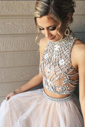 Two Piece A line Tulle Beading Pretty High Neck Prom Dresses,2 pieces Evening Dresses IN176