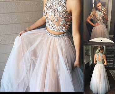 Two Piece A line Tulle Beading Pretty High Neck Prom Dresses,2 pieces Evening Dresses IN176