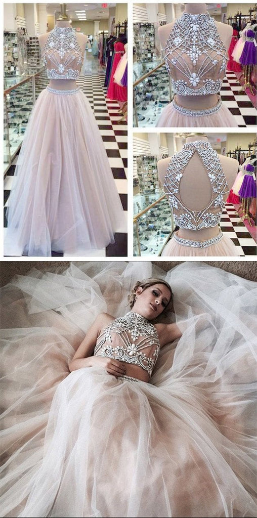 Two Piece A line Tulle Beading Pretty High Neck Prom Dresses,2 pieces Evening Dresses IN176