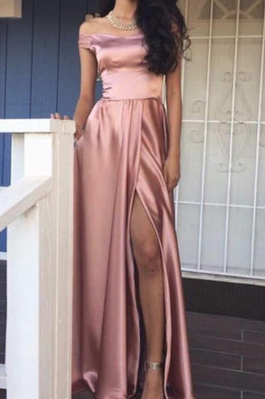 stunning Pink Long Slit Elegant off the shoulder Prom Dress, Long Evening Women Formal Dresses IN175