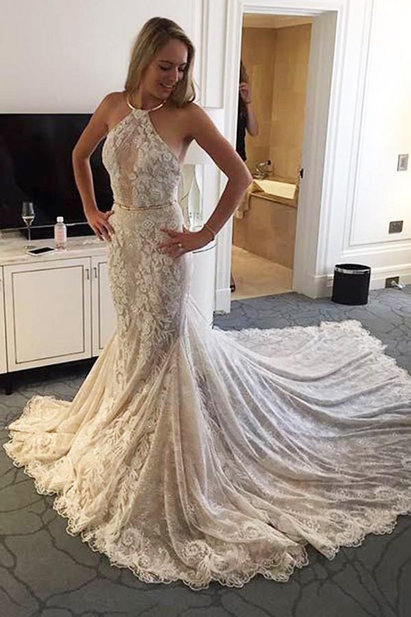 New Arrival Elegant Halter Mermaid Lace Sleeveless Wedding Dress with Sash INE31