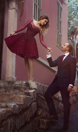 Long Sleeves Sparkly Prom Dresses,Short Purple Homecoming Dress,Sweet 16 Dress IN472