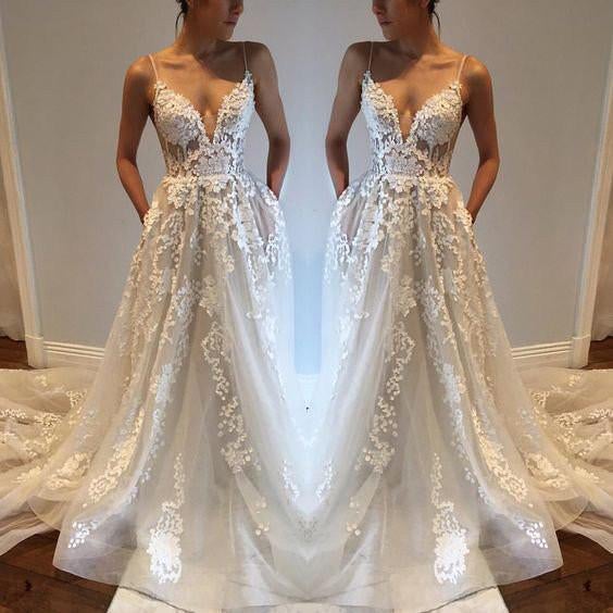 Sexy Deep V neck Lace Backless Bridal Dresses,Spaghetti Straps Beach Long Wedding Dress IN242