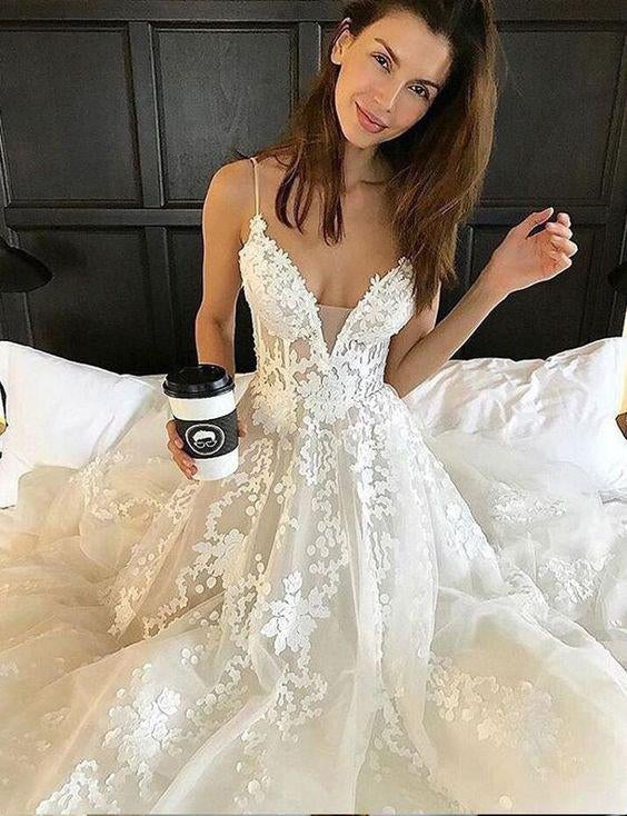 Sexy Deep V neck Lace Backless Bridal Dresses,Spaghetti Straps Beach Long Wedding Dress IN242